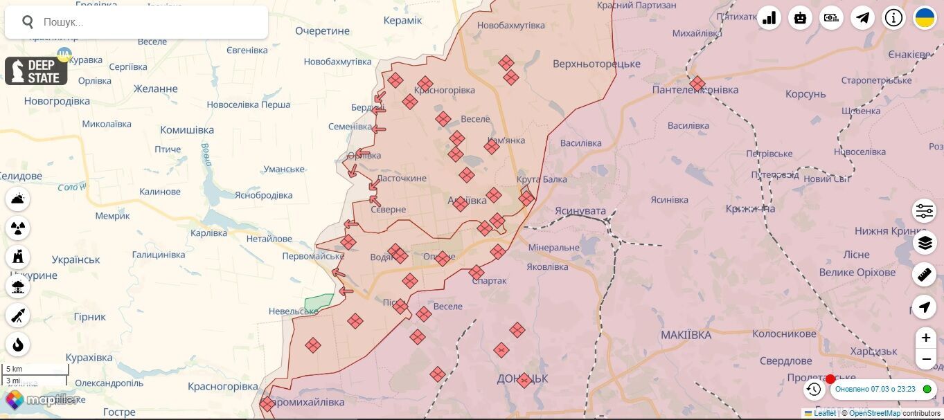 Wojna na Ukrainie, mapa działań wojennych, kierunek Awdijiwka, 8 marca 2024 r.