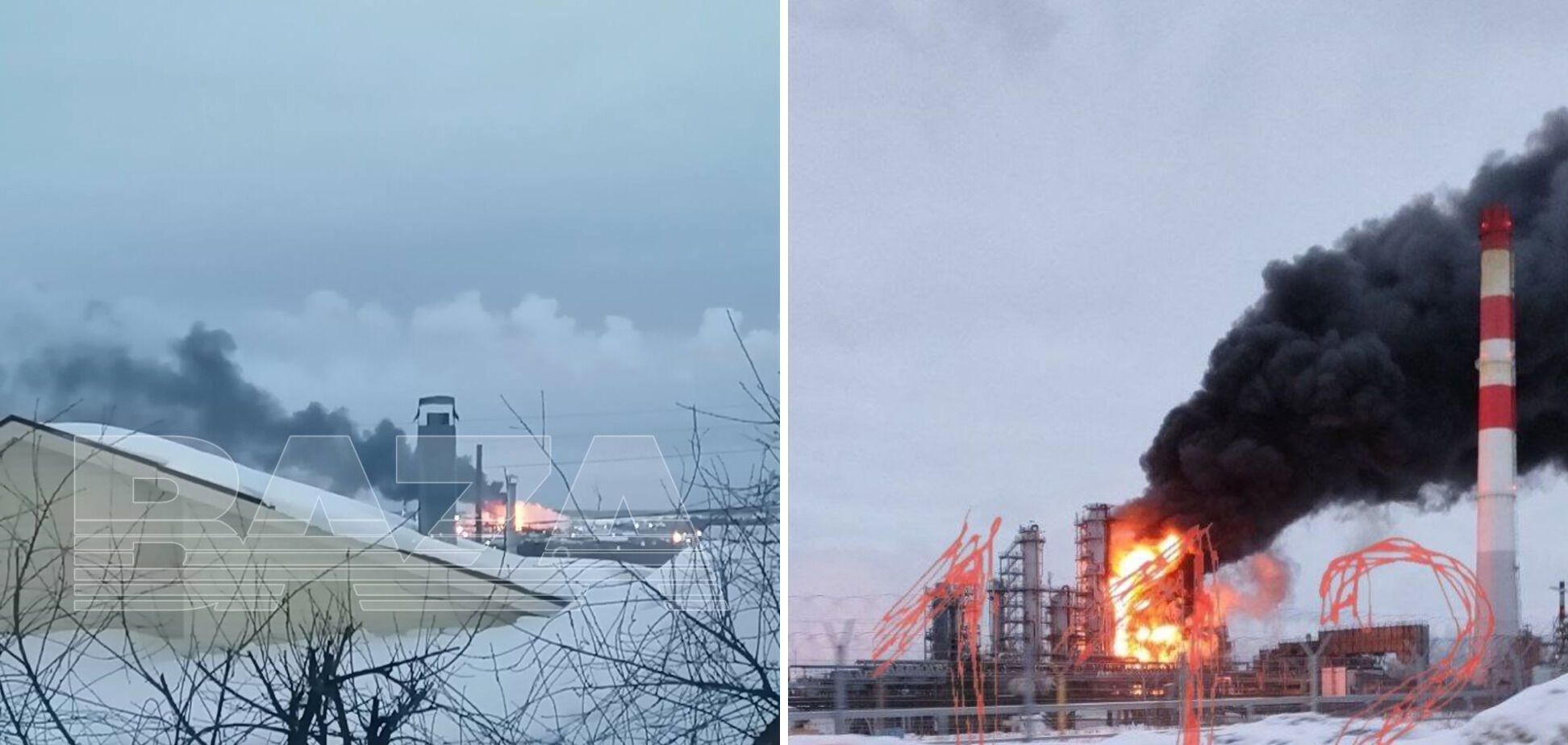 A pillar of fire and black smoke rose: photos of a powerful fire at the Lukoil refinery in Russia after a drone attack appeared