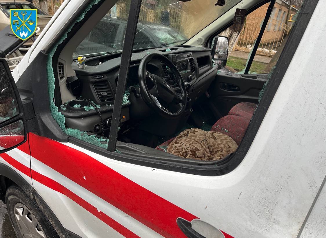 Windows smashed in an ambulance