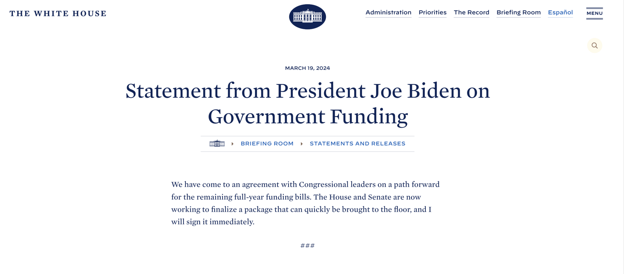 White House and Congress reach agreement on US budget: Biden promises quick resolution