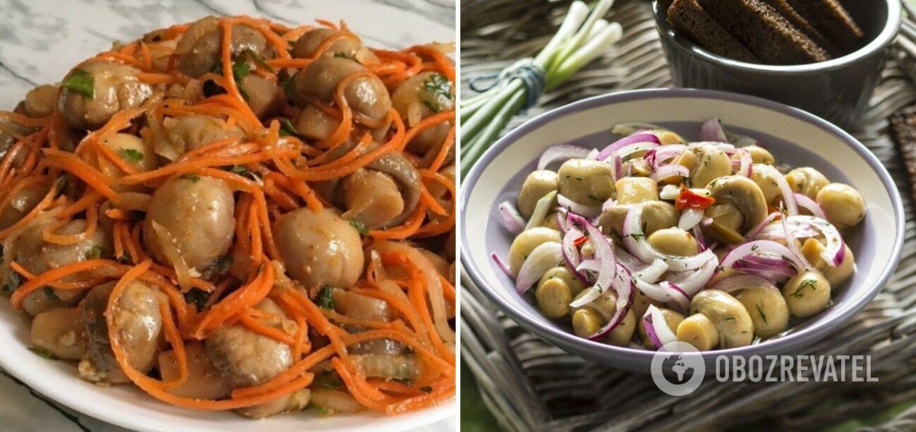 Pickled champignons with carrots and onions