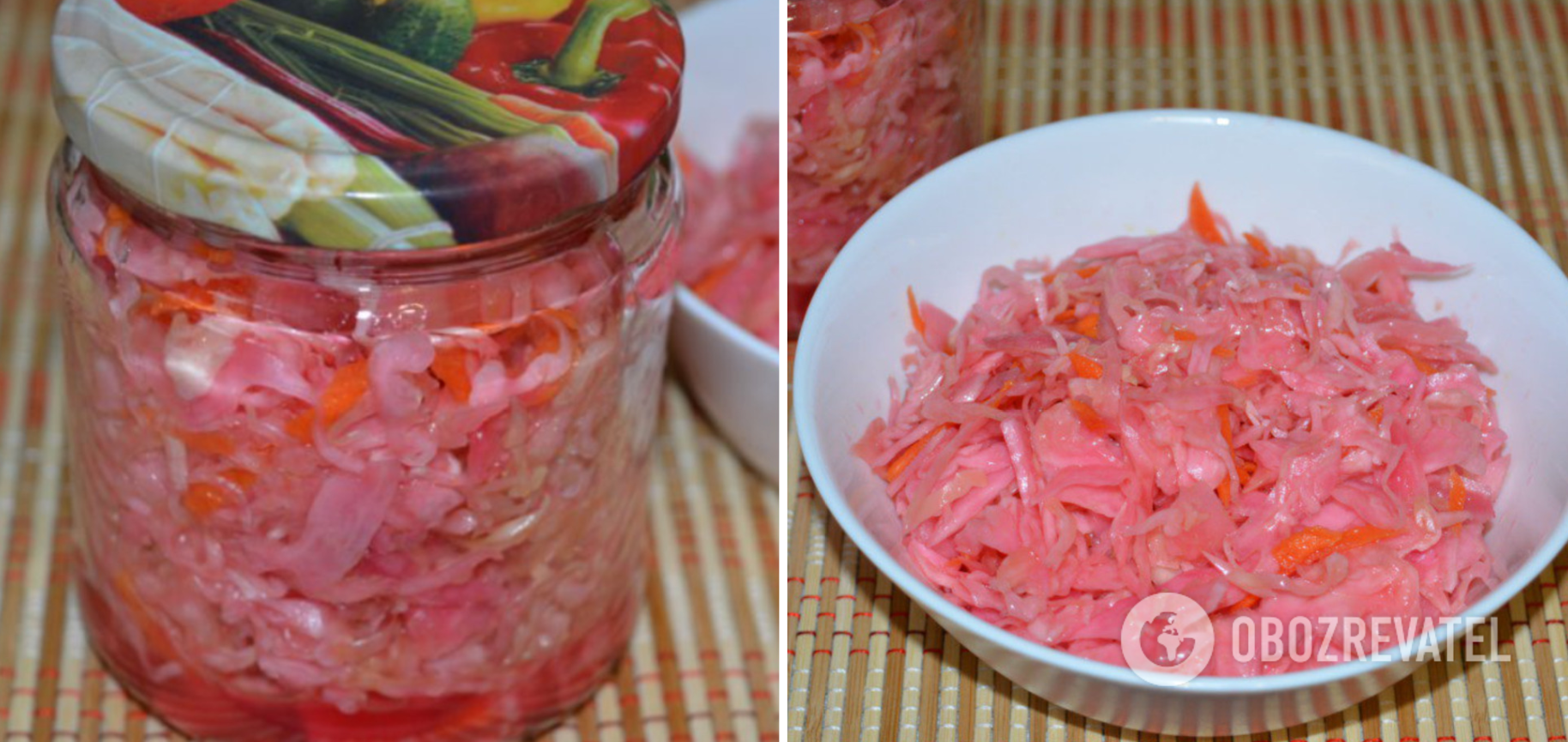 A salad of cabbage, beetroot and carrots that can be stored in jars