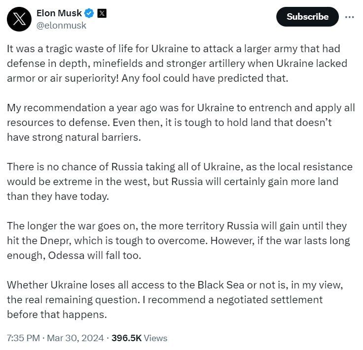 Musk has issued another batch of nonsense about Ukraine: he advised to focus on the defense of Odesa