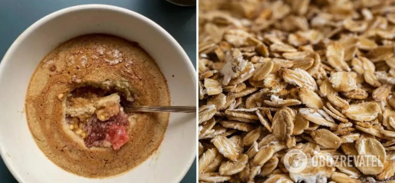 Baked oatmeal with banana, chocolate and nuts in the microwave