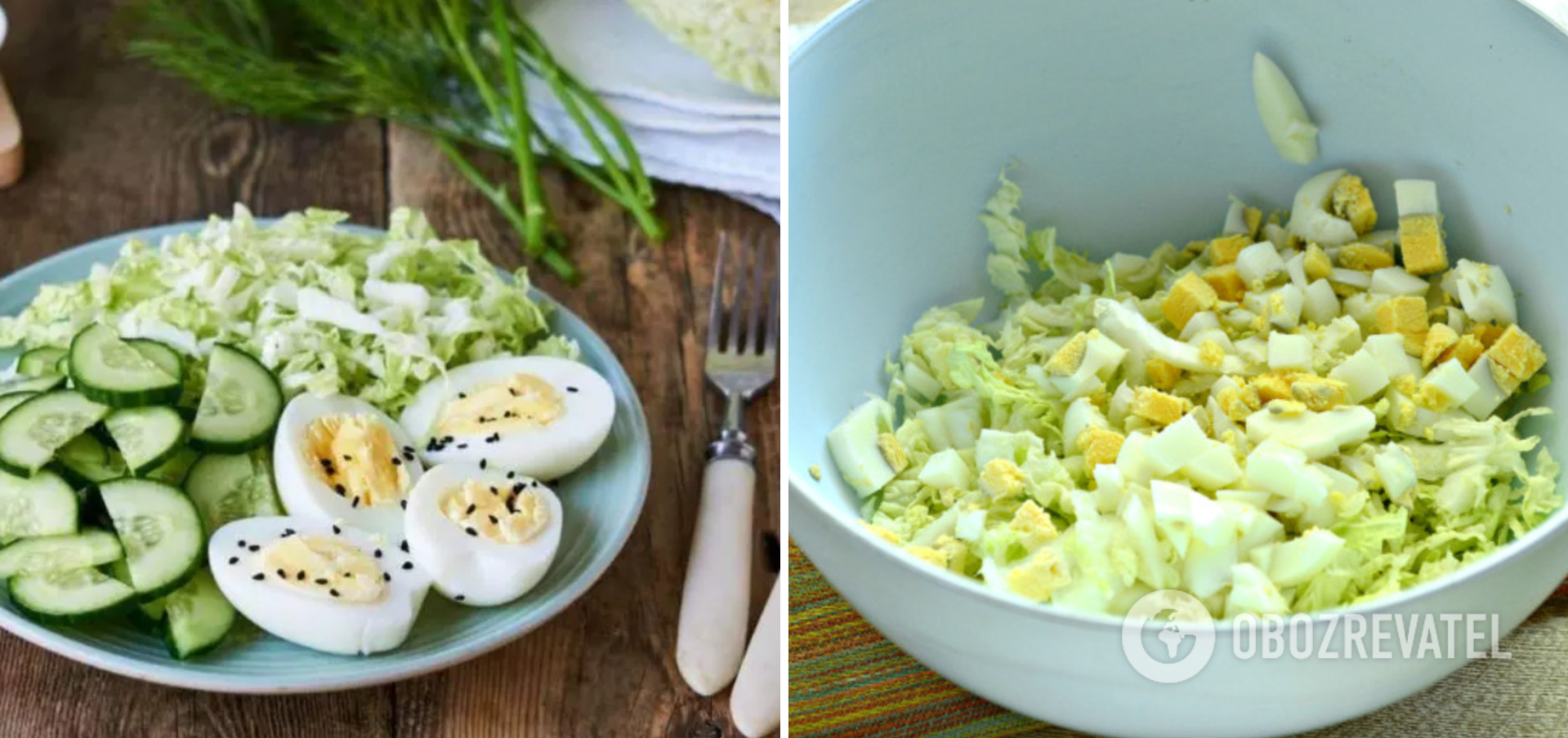 Salad with Chinese cabbage, eggs and cucumber