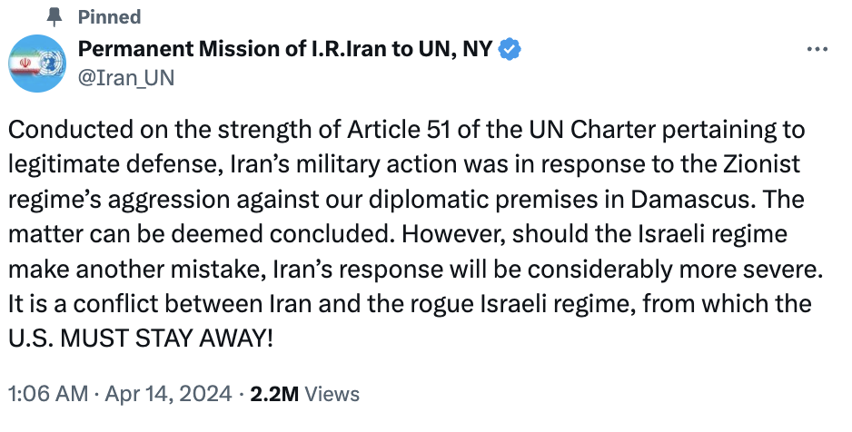 At the UN, Iran said that ''the issue has been exhausted'': Israel vows ''tough and clear response''