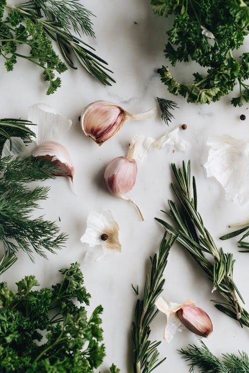 Herbs and garlic for a dish