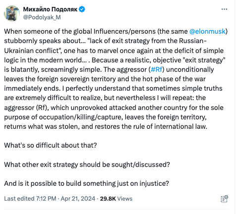 ''It's blatantly simple'': the OP responded to Musk's accusations about the lack of a ''strategy for exiting the war''