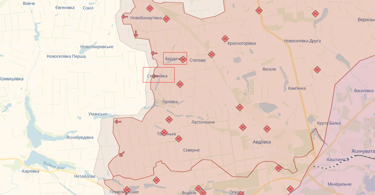 Siły Obronne wycofały się z Berdyczy, Semeniwki i Nowomychajliwki w obwodzie donieckim. Mapa