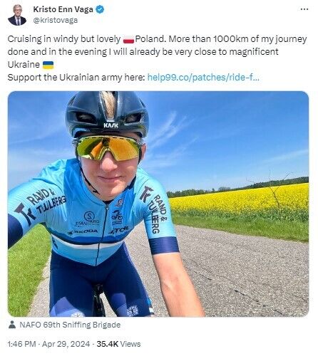 ''Jazda dla zwycięstwa'': Estoński poseł jedzie rowerem z Tallina do Kijowa, by zebrać fundusze dla Sił Zbrojnych Ukrainy
