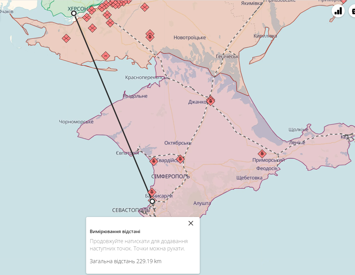 Z kontrolowanej przez rząd części obwodu chersońskiego minimalna odległość do Belbeku wynosi 229 km