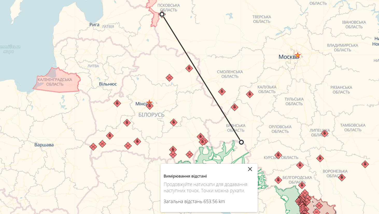 Minimalna odległość od granicy ukraińskiej do Pskowa