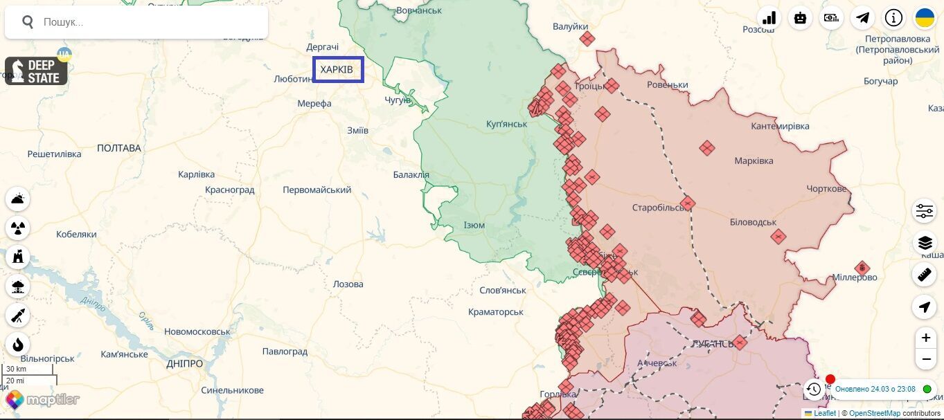 Wojna na Ukrainie, mapa działań wojennych, wschód, Charków, 25 marca 2024 r.