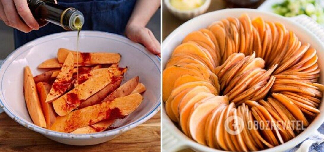 Baked sweet potatoes with spices and cheese in the oven