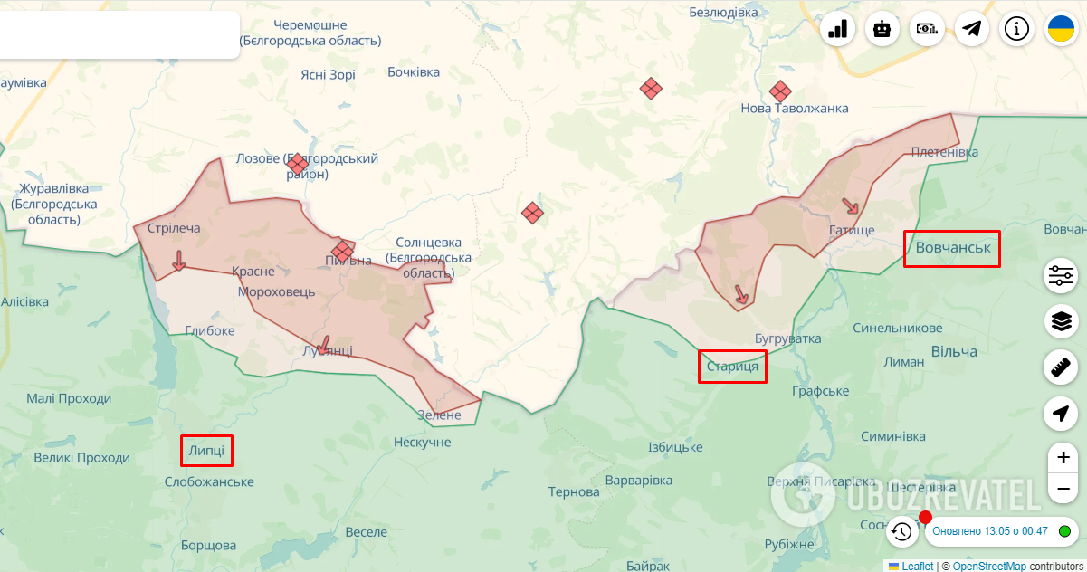 Lyptsi, Starytsi, Vovchansk. Map.