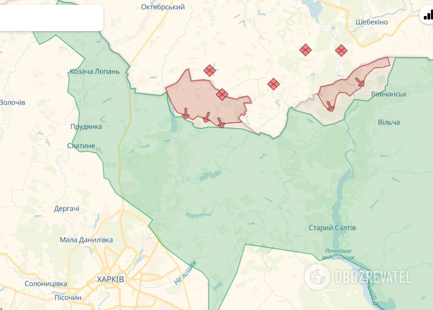 Map of the front line in the north of Kharkiv region