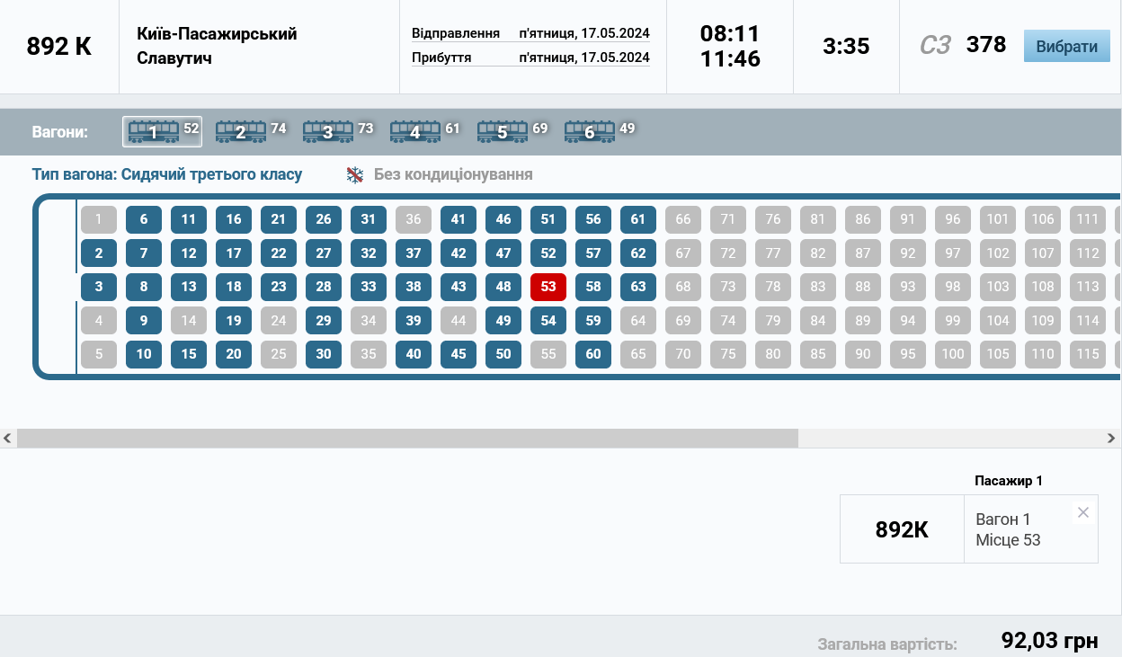 For May 17, tickets for the flight from Kyiv to Slavutych are on sale for 3rd class seats