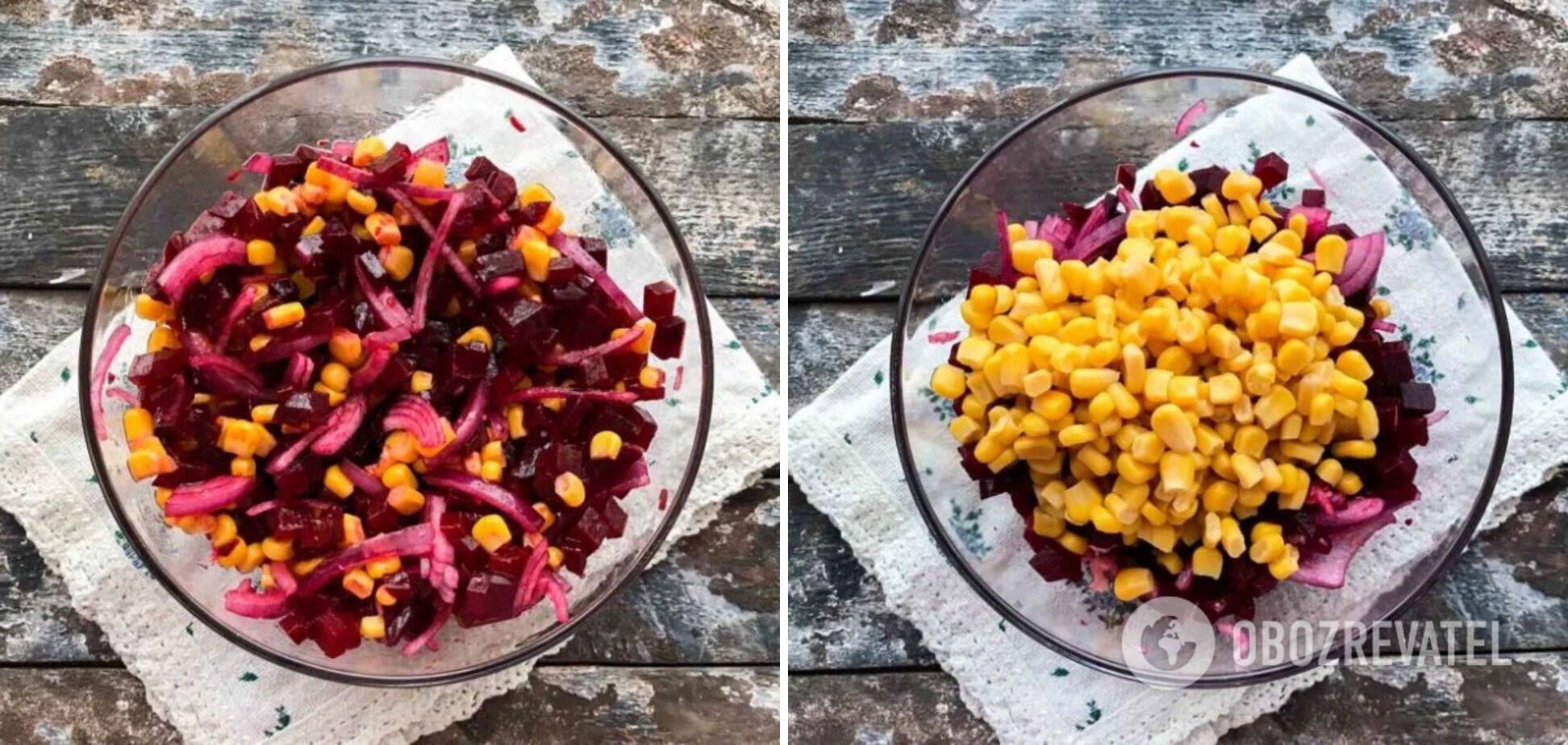 Salad with beets, corn and pickled onions