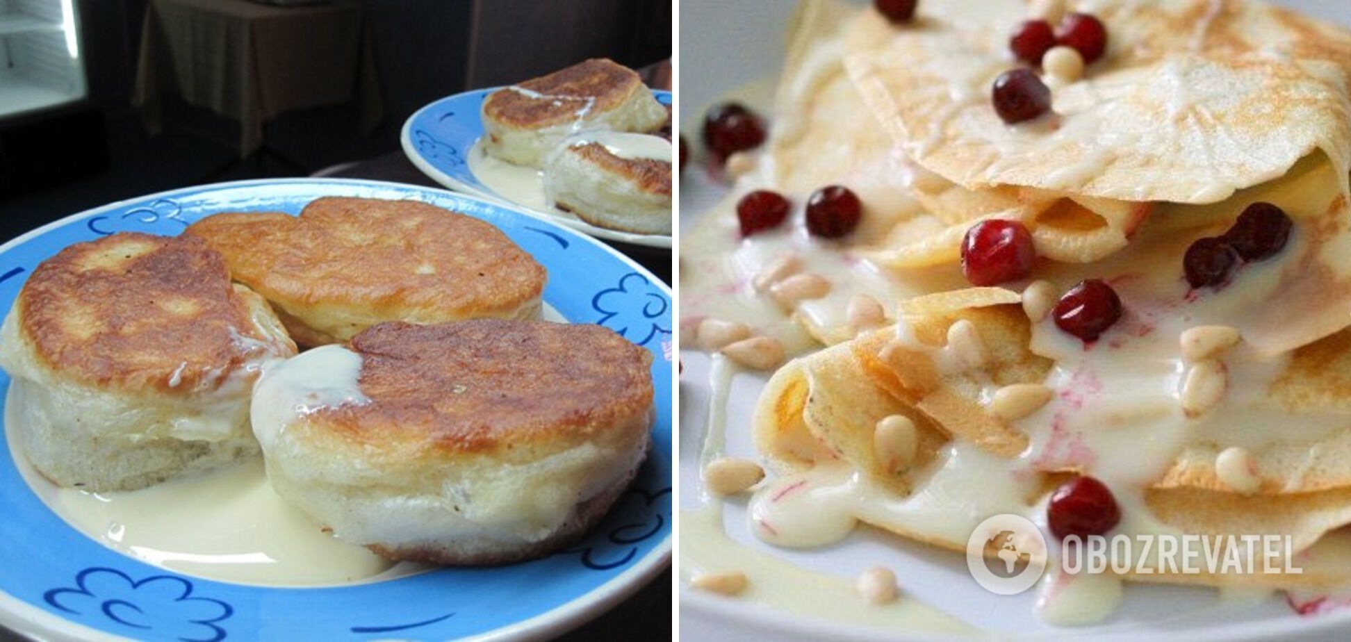 Fritters and pancakes with cream sauce
