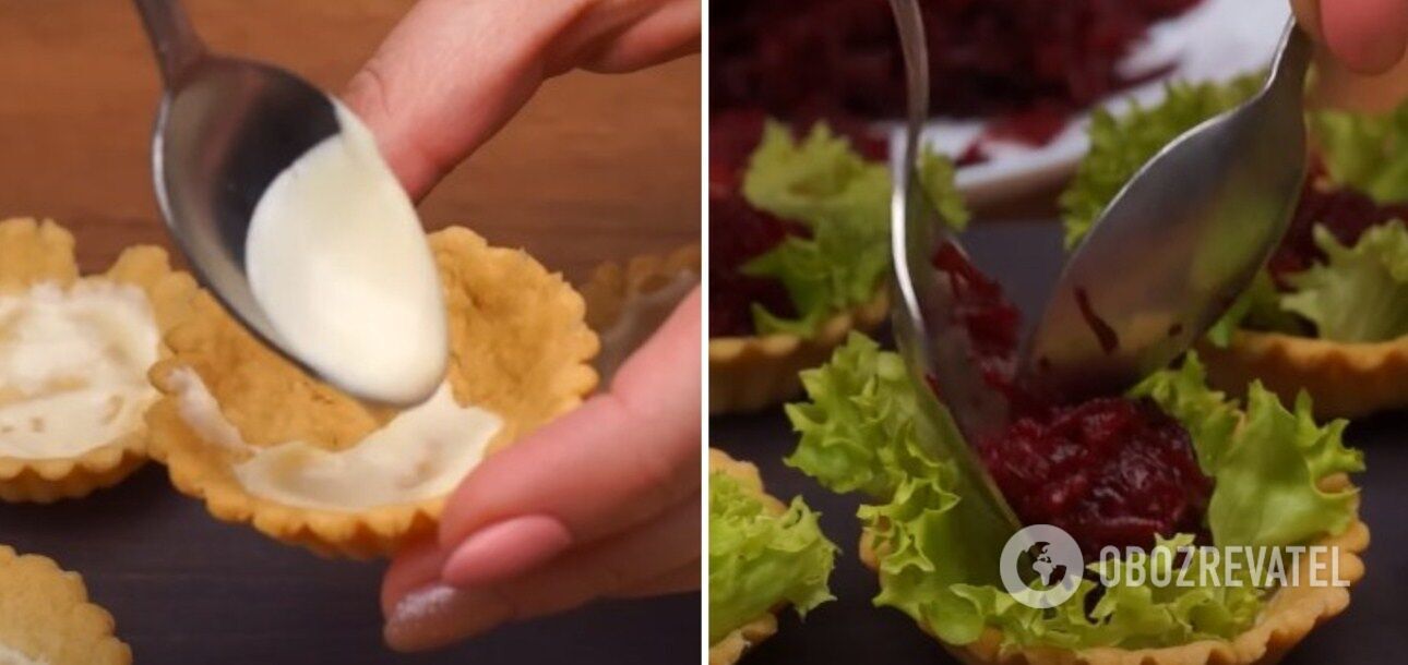 Tartlets with beets, herring, and mayonnaise