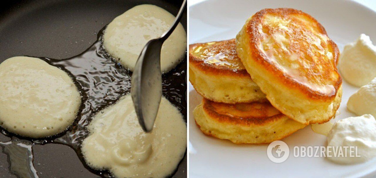 Frying fluffy pancakes with sour cream