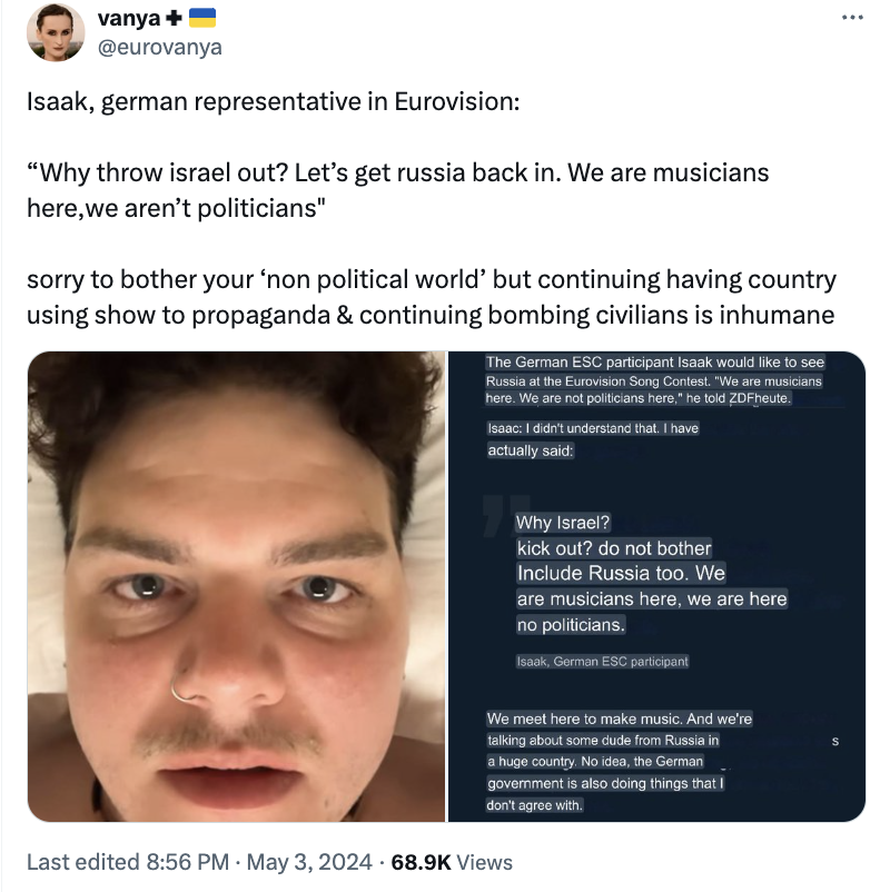 ''Let them bring Russia back'': Germany's representative at Eurovision 2024 gives the ''real reason'' why Russians are not allowed to participate