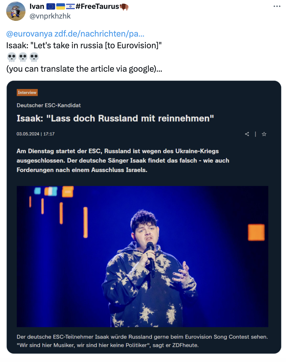 ''Let them bring Russia back'': Germany's representative at Eurovision 2024 gives the ''real reason'' why Russians are not allowed to participate