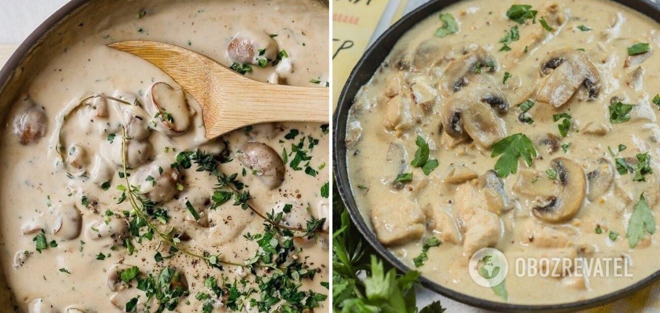 Stewed chicken fillet with mushrooms in sauce