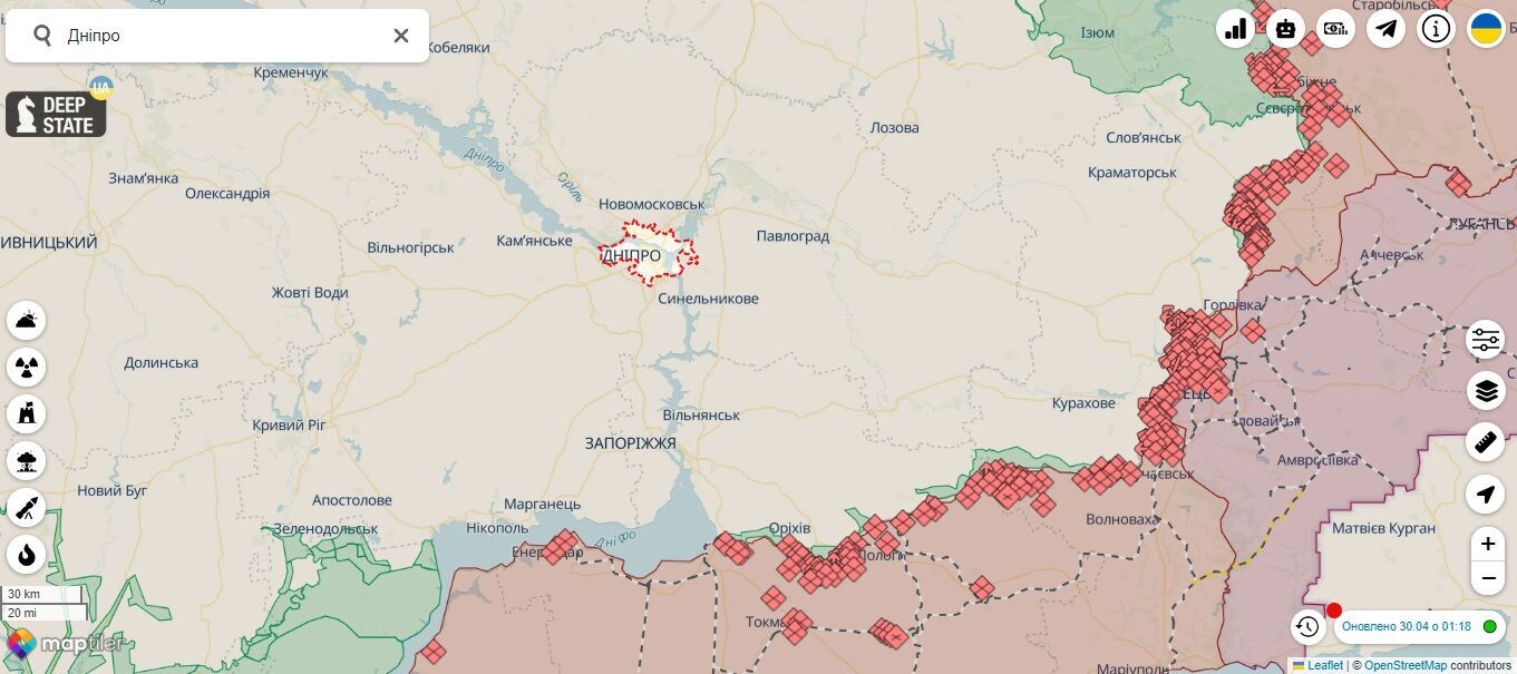 Wojna na Ukrainie, mapa działań wojennych, Dniepr, 30 kwietnia 2024 r.