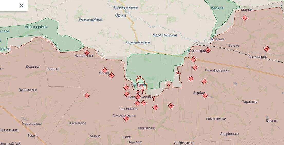 Wieś Robotyne, obwód zaporoski, na mapie działań wojennych