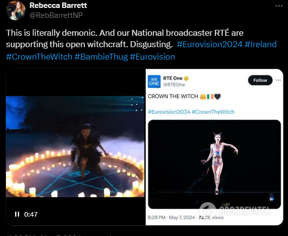 The non-binary participant of the Eurovision Song Contest 2024 from Ireland staged an exorcism on stage and ''lit up'' the hall. Video
