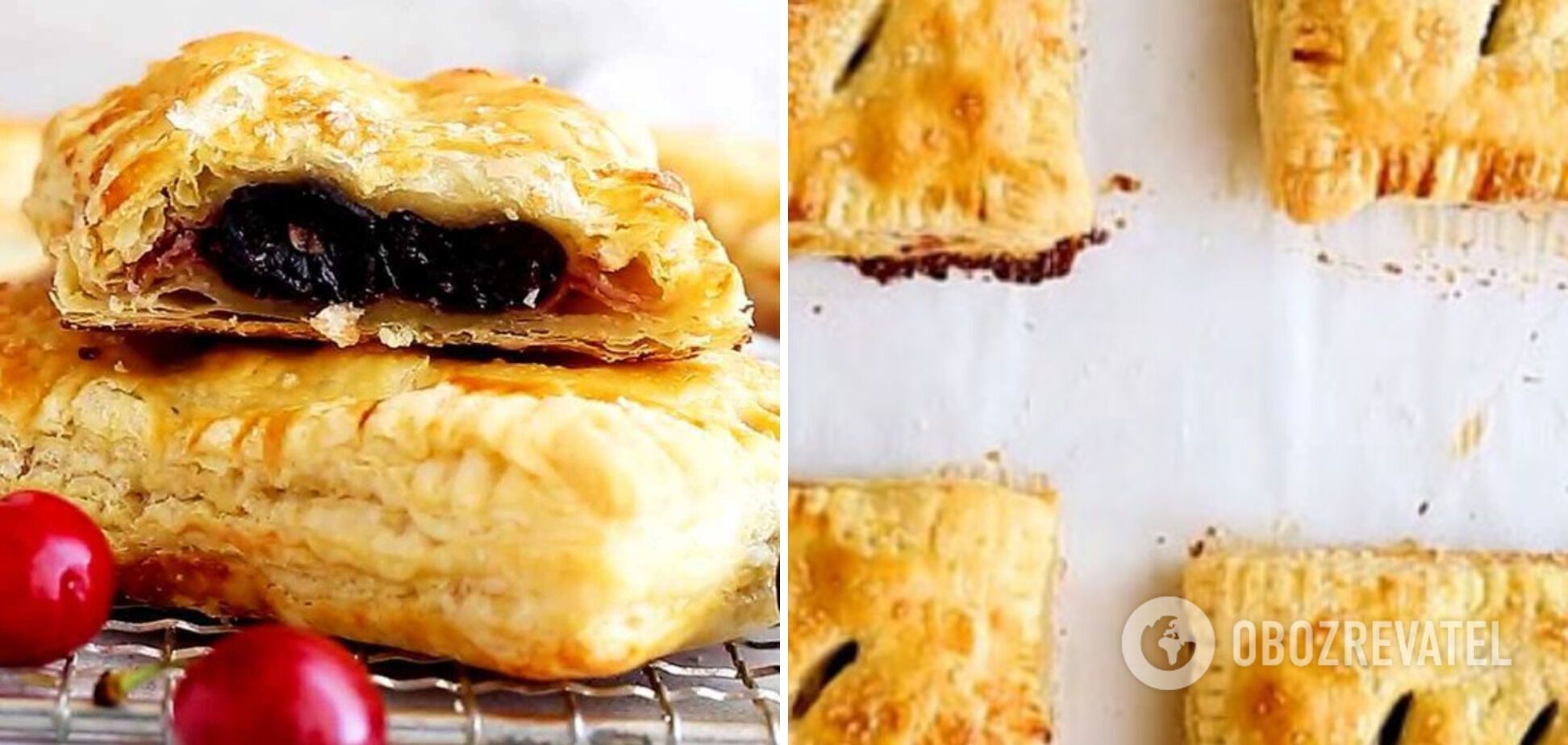Puffs with cherries from yeast puff pastry