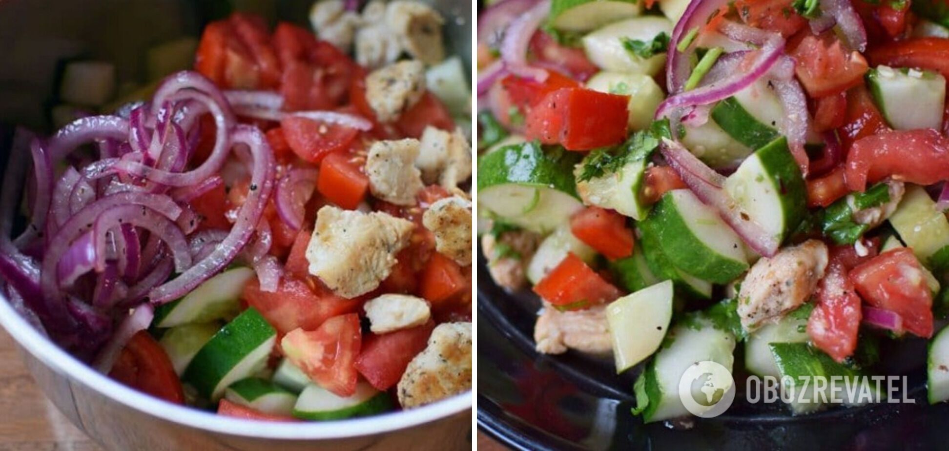 Salad with pickled onions, vegetables and chicken