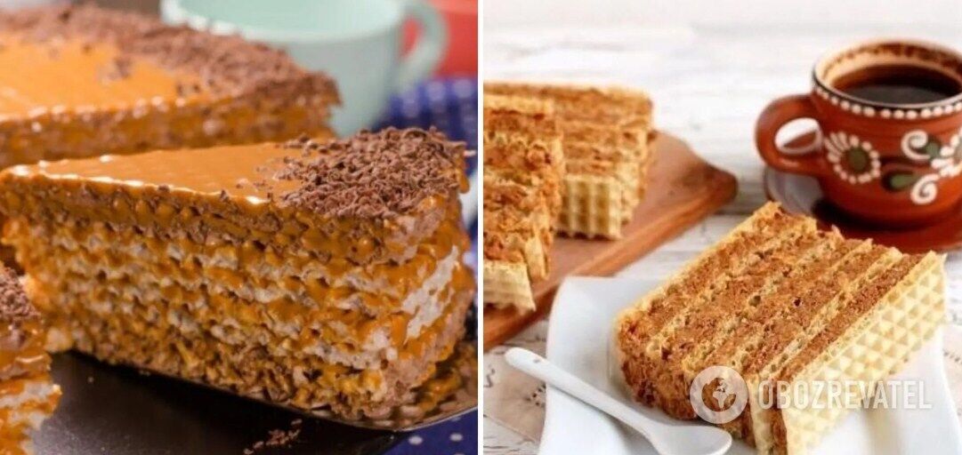 Waffle cake with nuts and cookies