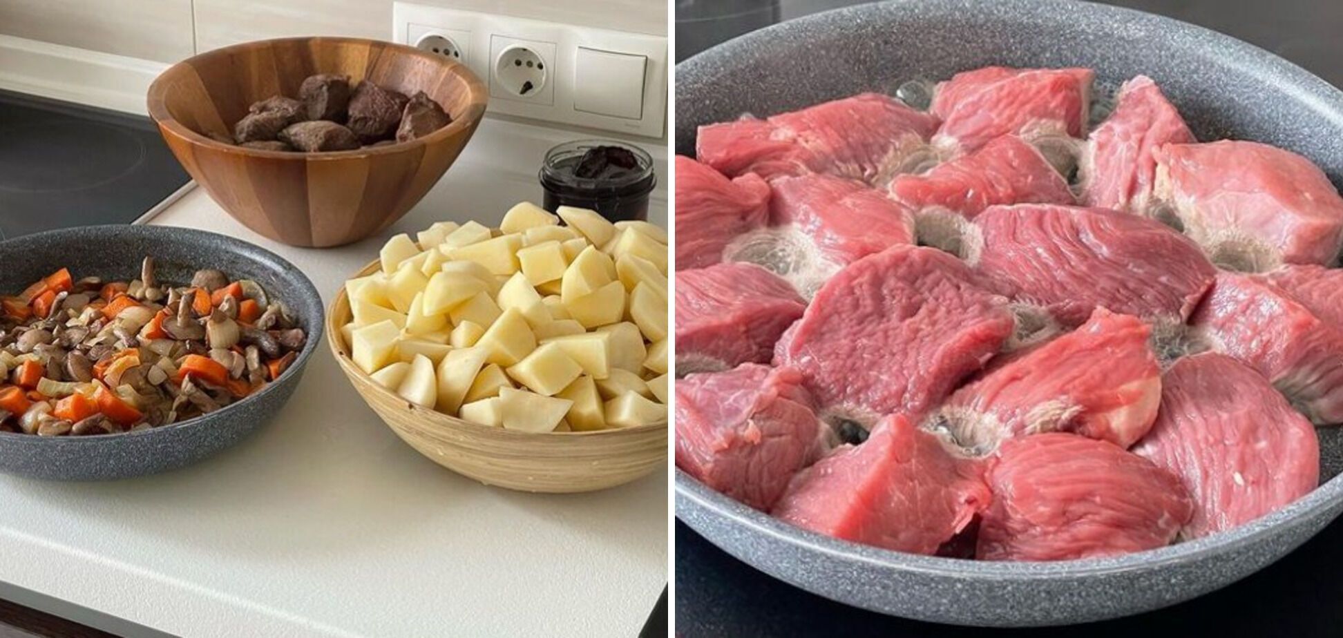 Baked potatoes with meat, mushrooms and vegetables in pots