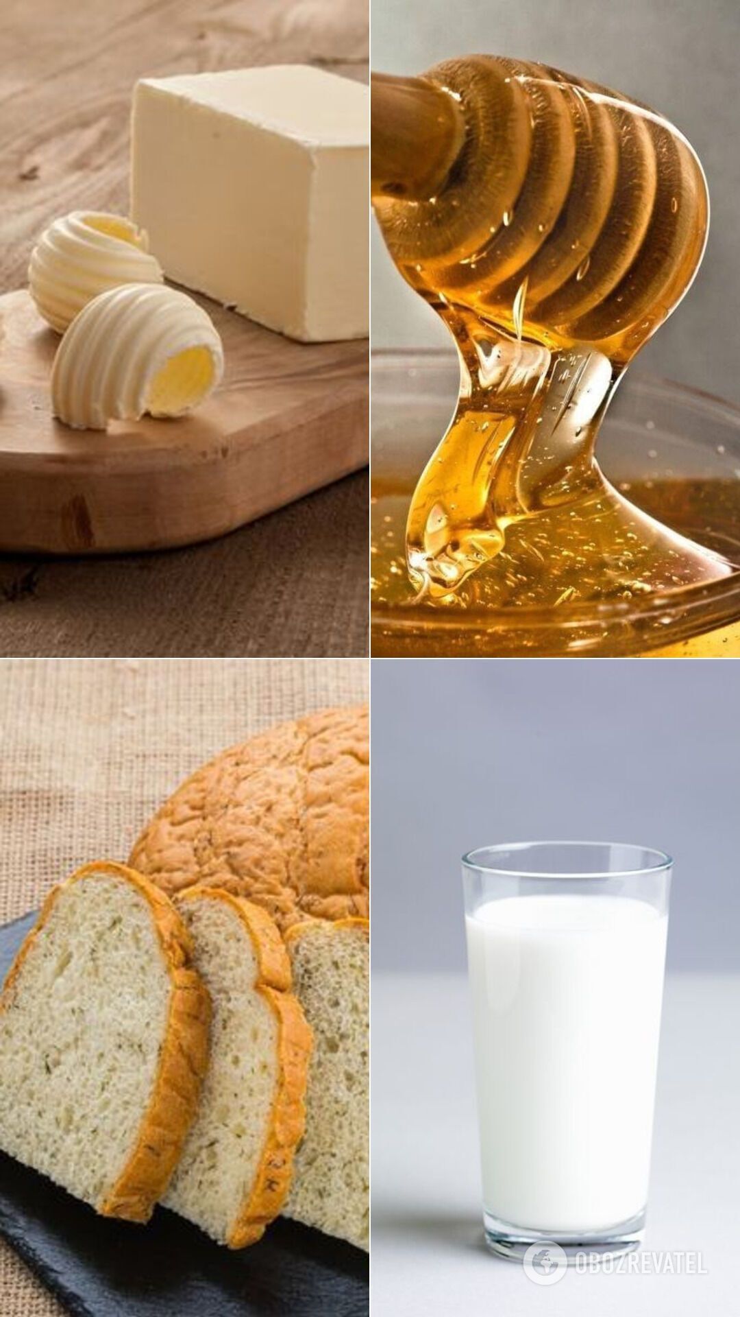 Combination of butter, milk, bread and honey