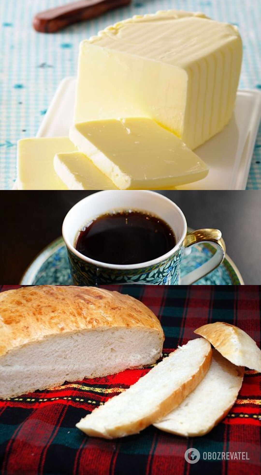 Combination of white bread, butter and tea