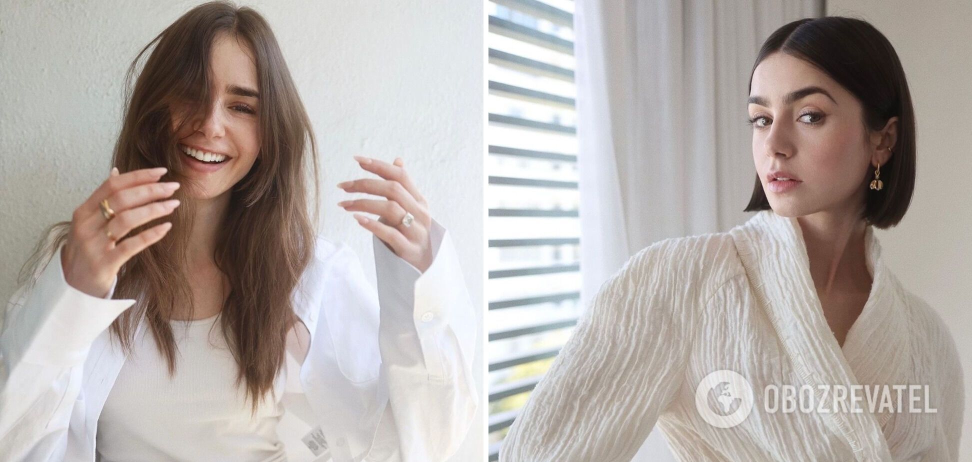Gwiazda serialu Emily in Paris, Lily Collins, zamieniła swoje długie włosy na eleganckiego boba. Zdjęcia przed i po