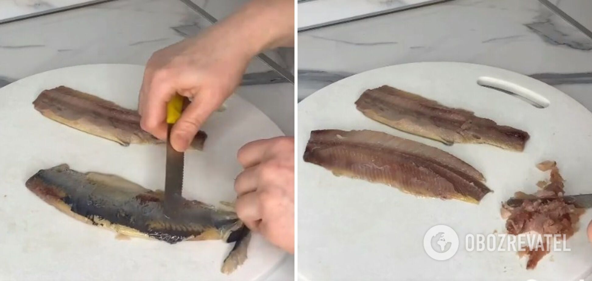 Cutting herring into fillets