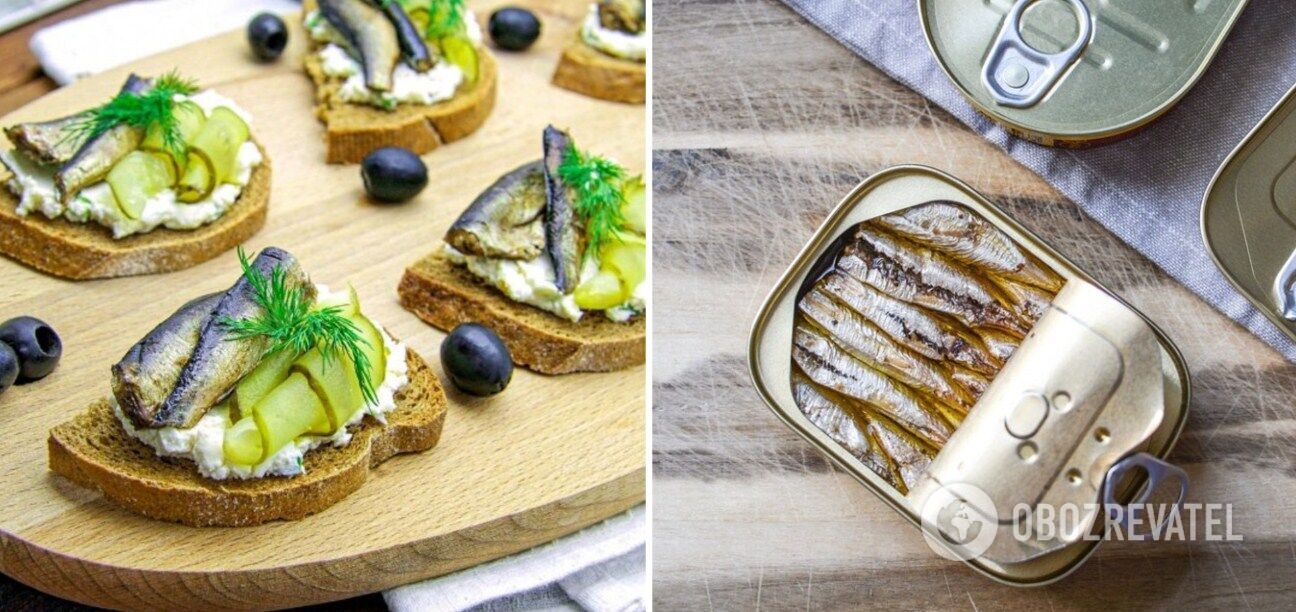 Sandwiches with sprats and pickled cucumbers