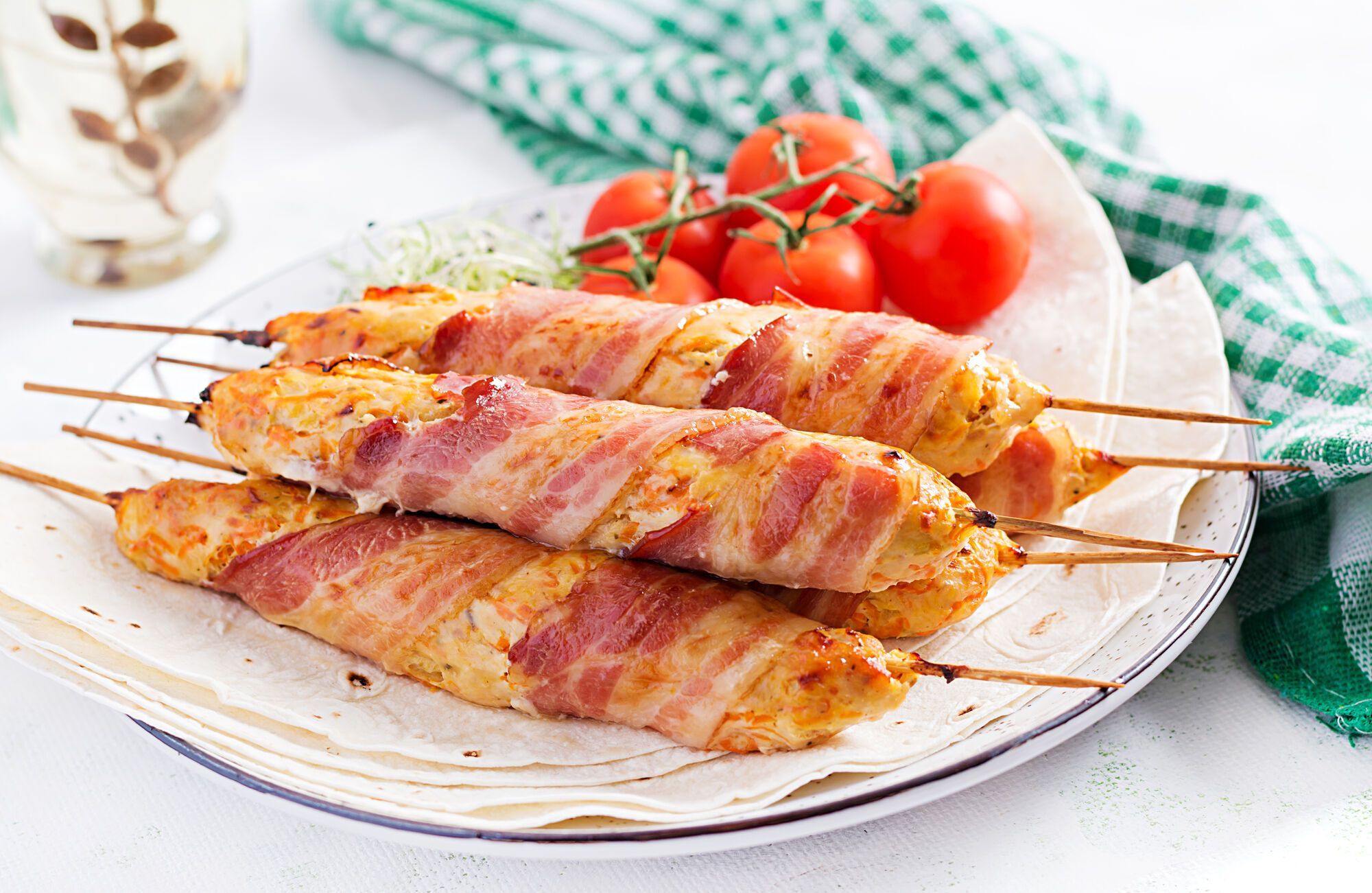 Chicken kebab in bacon