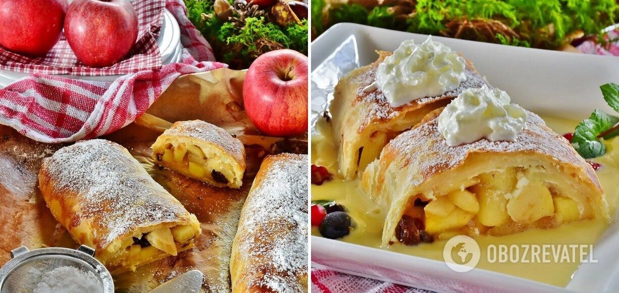 Apple strudel with pita bread in the oven