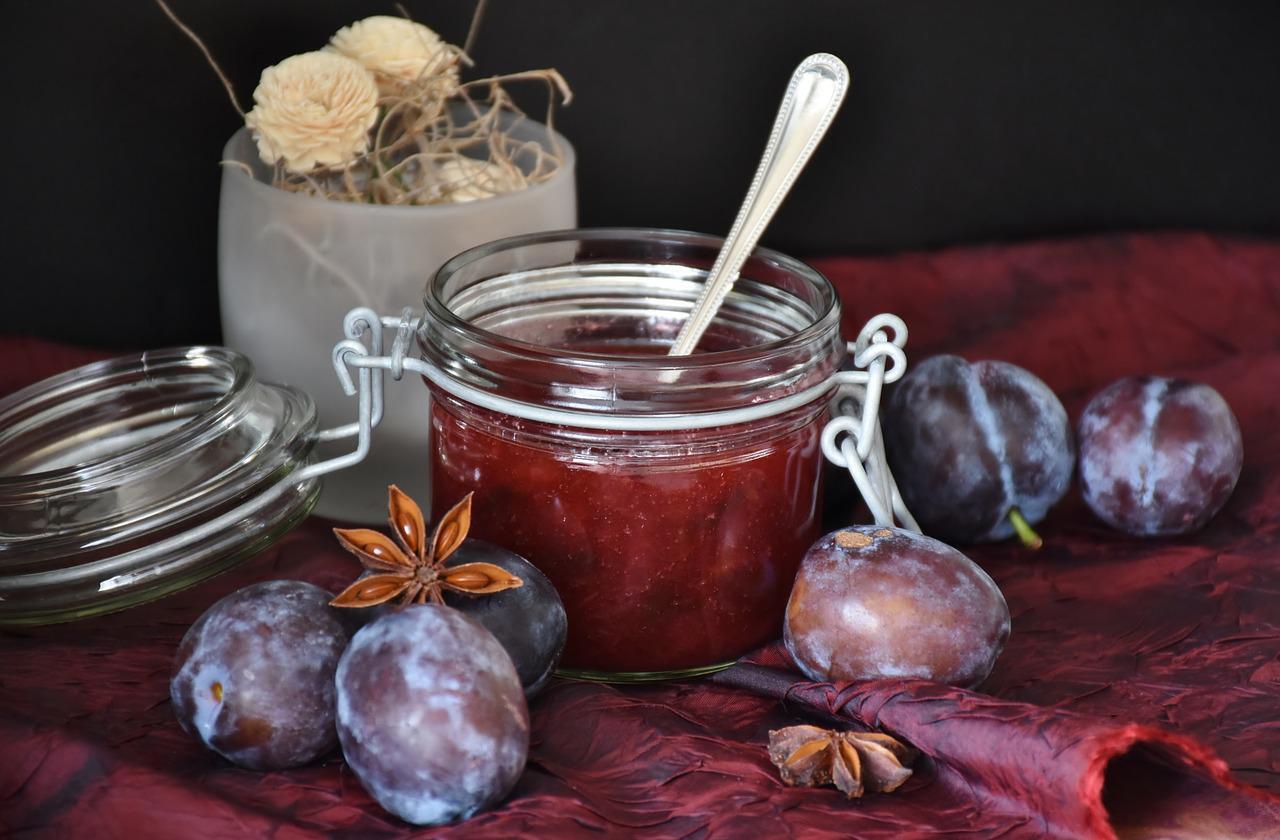 Delicious plum jam in a pan