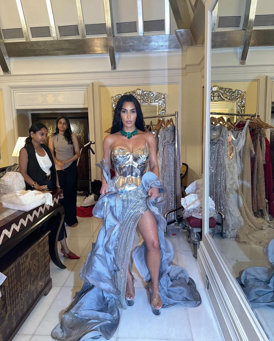 Kim Kardashian showed details of a luxurious diamond outfit for the Indian billionaires' ''wedding of the year''. Photo