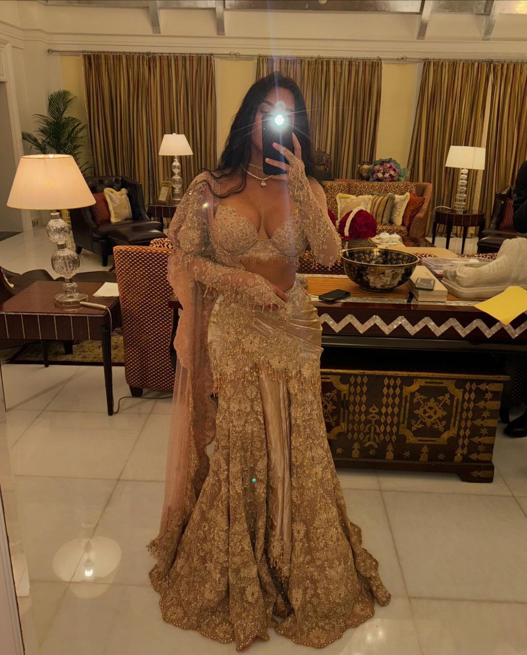 Kim Kardashian showed details of a luxurious diamond outfit for the Indian billionaires' ''wedding of the year''. Photo