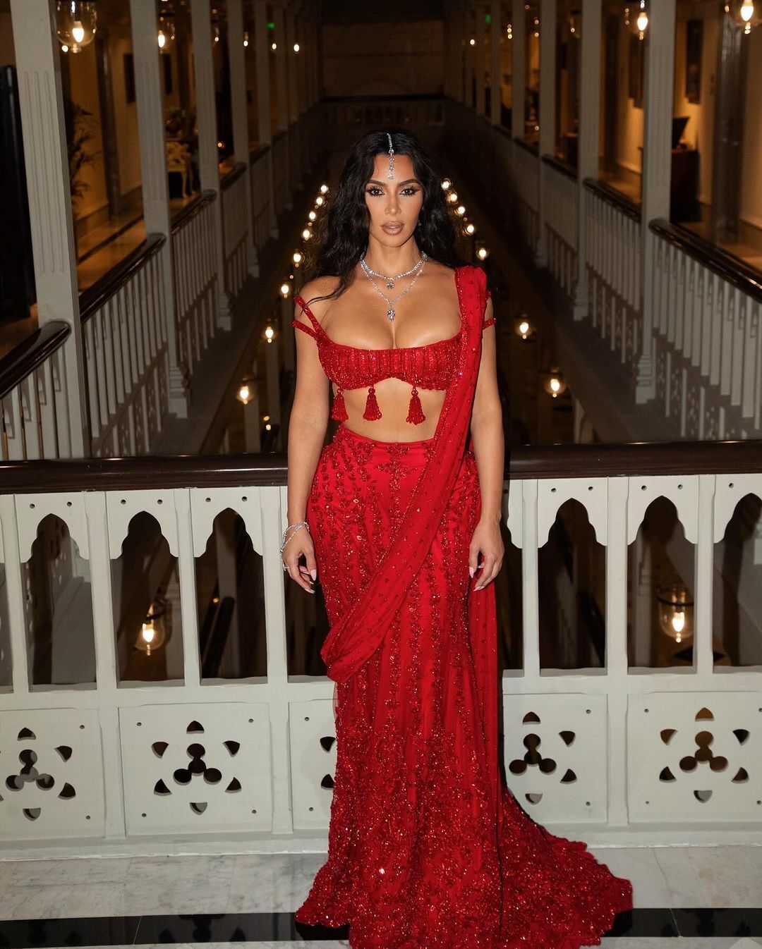 Kim Kardashian showed details of a luxurious diamond outfit for the Indian billionaires' ''wedding of the year''. Photo