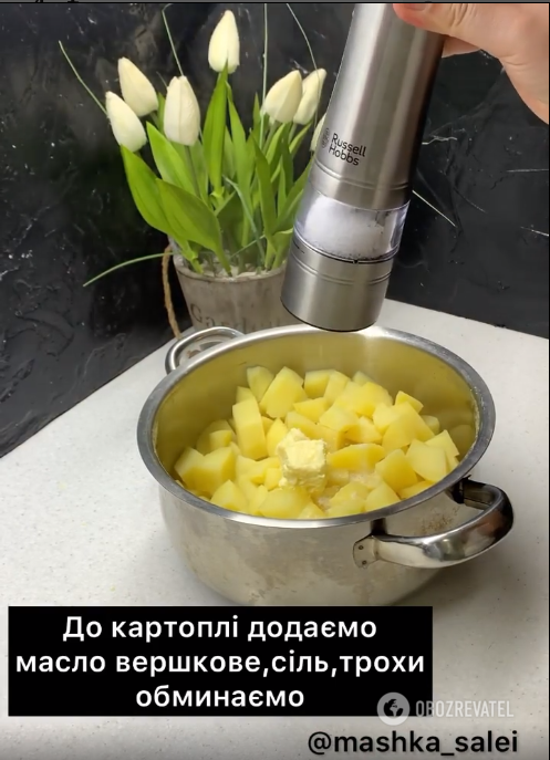 Making mashed potatoes for the dish.