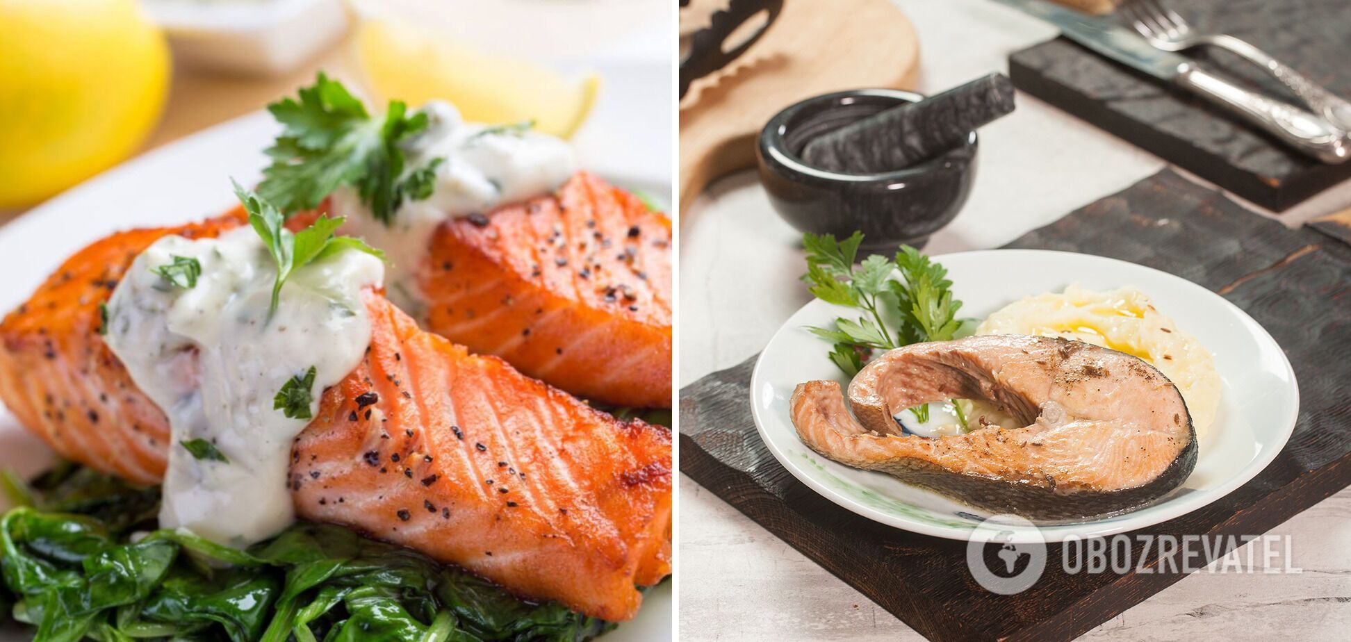 Salmon is best served with tartar sauce and mashed potatoes