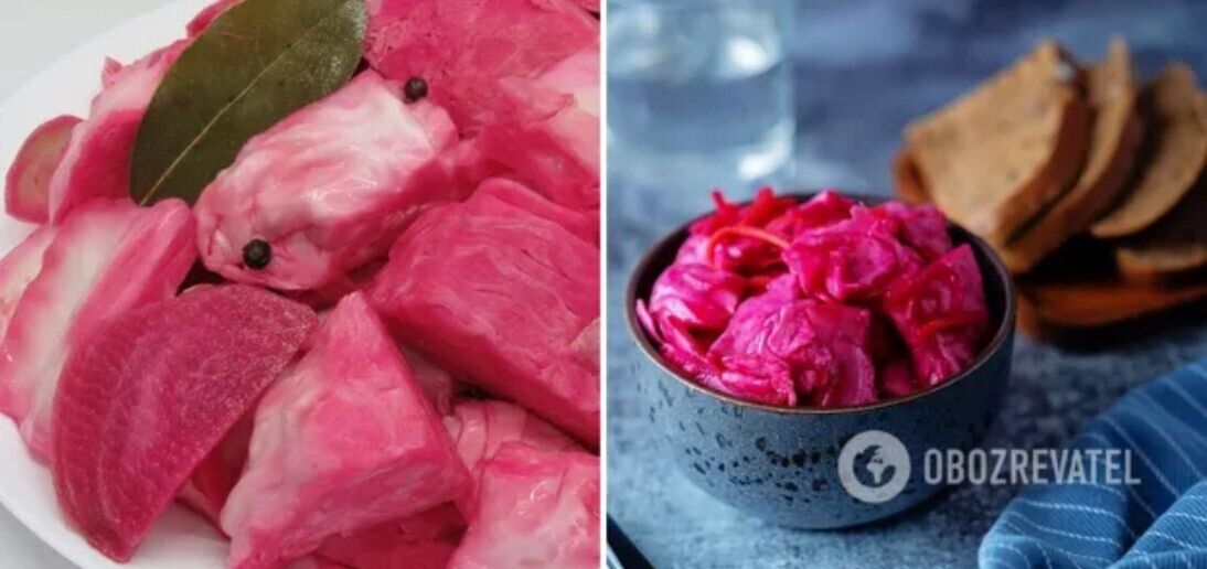 Pickled cabbage with beets.