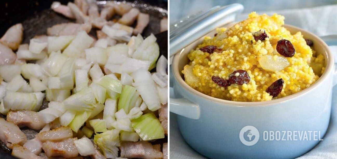 Millet with lard and onion in the oven.